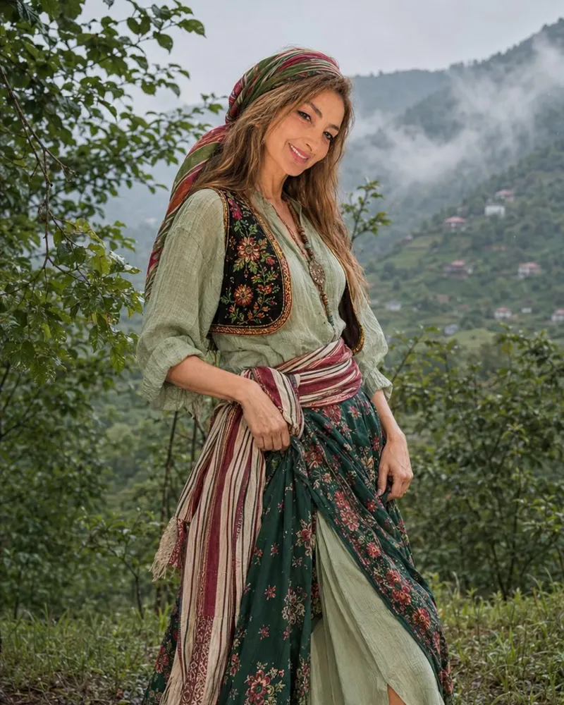 Cansu Finken in traditioneller Tracht vor den Hügeln der Schwarzmeerküste